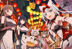  5girls :3 :d ahoge animal_ears animal_hood azuma_(azur_lane) azuma_(soft_voice_of_spring)_(azur_lane) azur_lane bird black_legwear black_ribbon blue_dress blue_hair bow breasts brown_eyes brown_hair chang_chun_(azur_lane) chang_chun_(the_joy_of_spring)_(azur_lane) chick china_dress chinese_clothes chinese_new_year cleavage closed_eyes cup detached_sleeves double_bun dragon dress drinking_straw eastern_dragon flower garter_straps gloves gotyou grey_hair hair_bun hair_flower hair_ornament hair_ribbon hairbow half_gloves half_updo hand_on_own_chest holding holding_cup hood kanzashi lantern large_breasts loading_screen long_hair low_twintails manjuu_(azur_lane) multiple_girls navel oerba_yun_fang official_alternate_costume oil-paper_umbrella open_mouth paper_lantern red_bow red_dress ribbon shawl short_hair smile sweatdrop swiftsure_(azur_lane) swiftsure_(beauty_of_white_jade)_(azur_lane) tai_yuan_(azur_lane) tai_yuan_(the_golden_dragon&#039;s_festivities)_(azur_lane) thighhighs tiger tiger_hood tsumami_kanzashi twintails umbrella underbust very_long_hair wavy_mouth white_dress white_tiger yellow_eyes yukikaze_(azur_lane) yukikaze_(winter&#039;s_snowy_wind)_(azur_lane) 