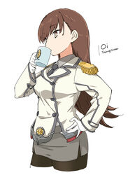  aka_ringo black_pantyhose brown_eyes brown_hair buttons character_name collared_shirt commentary_request cosplay cropped_legs cup double-breasted drinking epaulettes female grey_skirt hand_on_own_hip highres kantai_collection katori_(kancolle) katori_(kancolle)_(cosplay) kikumon long_hair military military_uniform mug necktie ooi_(kancolle) pantyhose pencil_skirt shirt simple_background skirt solo uniform white_background 