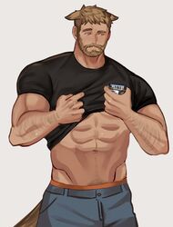  1boy abs animal_ears arm_hair bara beard black_shirt blonde_hair brk_603 cat_boy cat_ears cat_tail clothes_lift cowboy_shot denim facial_hair highres jeans korean_commentary lifting_own_clothes looking_to_the_side male_focus mature_male muscular muscular_male navel navel_hair original pants shirt shirt_lift short_hair solo stomach tail 