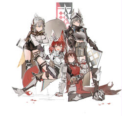  4girls :d absurdres animal_ears arknights arm_guards armored_boots ashlock_(arknights) belt belt_pouch black_gloves black_shorts black_skirt boots breasts brown_cape brown_eyes brown_hair cape closed_mouth crop_top crossed_arms elbow_gloves fartooth_(arknights) feather_hair flametail_(arknights) gambeson gauntlets gloves grey_eyes grey_footwear grey_hair grey_headwear grin high-waist_shorts highres horse_ears horse_girl horse_tail jumbowhopper knee_boots knee_up large_breasts leaning_forward long_hair long_sleeves looking_at_viewer material_growth medium_breasts miniskirt multiple_girls oripathy_lesion_(arknights) parted_lips pleated_skirt pouch red_eyes red_hair see-through shield shirt short_hair shorts simple_background sitting skirt smile squirrel_ears squirrel_girl squirrel_tail standing tabard tail thigh_strap very_long_hair visor_(armor) waist_cape waving white_background white_shirt wild_mane_(arknights) yellow_eyes 