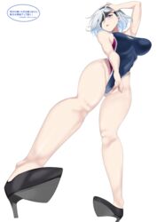  2b_(nier:automata) absurdres alternate_costume bare_arms bare_shoulders black_footwear black_hairband blindfold blindfold_lift blue_eyes bob_cut commentary_request competition_swimsuit female full_body groin hairband high_heels highleg highleg_swimsuit highres legs_apart lifting_own_clothes mi_mi_ham mole mole_under_mouth nier:automata nier_(series) one-piece_swimsuit open_mouth shoes simple_background solo swimsuit twitter_username white_background white_hair 