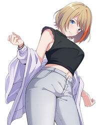  absurdres black_shirt blue_eyes blush breasts commentary crop_top female from_below highres jacket large_breasts light_brown_hair long_sleeves looking_at_viewer midriff multicolored_hair nanashi_inc. official_alternate_costume open_pants orange_hair pants shiranami_ryuji shirt short_hair short_sleeves simple_background smile solo streaked_hair swept_bangs touri_sei touri_sei_(2nd_costume) virtual_youtuber white_background white_jacket white_pants 