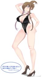  absurdres alternate_costume arm_up black_one-piece_swimsuit blue_eyes brown_footwear brown_hair commentary_request covered_navel female folded_ponytail full_body hair_over_one_eye high_heels highleg highleg_swimsuit highres legs long_hair mi_mi_ham one-piece_swimsuit shoes sidelocks simple_background solo swimsuit tales_of_(series) tales_of_the_abyss tear_grants thighs twitter_username white_background 