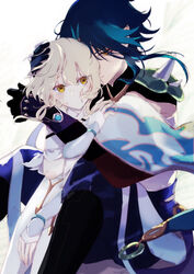  1boy absurdres aqua_hair arm_guards armor black_gloves black_hair blonde_hair blurry blurry_foreground commentary_request couple cowboy_shot detached_sleeves dress eyeshadow female genshin_impact gloves hand_on_another&#039;s_chest hand_on_another&#039;s_head highres hug hug_from_behind looking_at_viewer lumine_(genshin_impact) makeup multicolored_hair n.s.egg parted_bangs red_eyeshadow short_hair short_hair_with_long_locks shoulder_armor shoulder_spikes sidelocks simple_background spikes straight two-tone_hair vision_(genshin_impact) white_background white_dress white_gloves xiao_(genshin_impact) yellow_eyes 