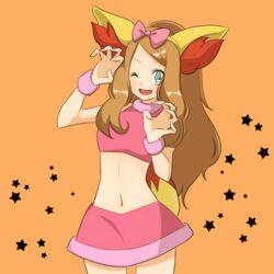  ;d animal_ears blue_eyes boots bow brown_hair cosplay crop_top fake_animal_ears fake_tail female fennekin fennekin_(cosplay) hairbow long_hair looking_at_viewer midriff mikeko_(neko19920311) monochrome_background navel oerba_yun_fang one_eye_closed open_mouth orange_background pink_bow pink_skirt pokemon pokemon_(anime) pokemon_ears pokemon_tail pokemon_xy_(anime) serena_(pokemon) simple_background skirt sleeveless smile solo starry_background tail 