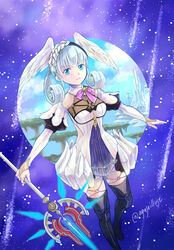  agasa_(agasaillust) aqua_eyes bad_id bad_twitter_id blue_eyes energy_spear energy_weapon feet_out_of_frame female head_wings holding holding_staff juliet_sleeves long_sleeves melia_antiqua meteor_shower o-ring puffy_sleeves solo staff thighhighs twitter_username white_hair wings xenoblade_chronicles_(series) xenoblade_chronicles_1 