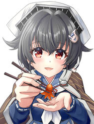  absurdres black_hair blue_sailor_collar blue_serafuku chopsticks feeding female hair_flaps hair_ornament highres holding holding_chopsticks jingei_(kancolle) kantai_collection long_sleeves looking_at_viewer neckerchief red_eyes sailor_collar school_uniform serafuku short_hair solo upper_body white_neckerchief yaegashi_(muzzuleflash) 