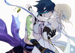  1boy absurdres aqua_hair arm_tattoo arms_up asymmetrical_clothes bare_shoulders bead_necklace beads black_gloves black_hair black_pants blonde_hair blurry blurry_foreground commentary_request couple detached_sleeves dress feather_hair_ornament feathers female flower genshin_impact gloves hair_ornament hand_on_another&#039;s_back highres hug imminent_bite jewelry lumine_(genshin_impact) multicolored_hair n.s.egg necklace open_mouth pants parted_bangs profile shaded_face shirt short_hair short_hair_with_long_locks sidelocks single_bare_shoulder single_detached_sleeve slit_pupils straight tattoo teeth two-tone_hair white_dress white_flower white_gloves white_shirt xiao_(genshin_impact) yellow_eyes 