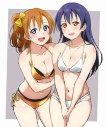  2girls :d bikini bikini_day blue_eyes blue_hair blush bow breasts cleavage collarbone commentary_request cowboy_shot front-tie_bikini_top front-tie_top grey_background hairbow halterneck jewelry kosaka_honoka long_hair looking_at_viewer love_live! love_live!_school_idol_project medium_breasts multiple_girls navel necklace one_side_up open_mouth orange_bikini orange_eyes orange_hair revision side-tie_bikini_bottom simple_background smile sonoda_umi swimsuit turkey_min white_bikini yellow_bow 