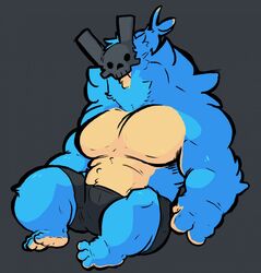  2_fingers 3_toes anthro barazoku barefoot biceps big_pecs biped blkmnstrr bone bottomwear clothed clothing feet fingers fur hi_res looking_at_viewer male monster muscular muscular_anthro muscular_male pecs sitting skull skull_head solo toes topless 