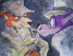  2004 amberpalette anthro brown_body brown_fur canid canine canis clothing detective detective_hat domestic_dog duo eye_contact facial_hair fur hat headgear headwear looking_at_another male mammal moriarty_(sherlock_hound) moustache purple_body purple_fur sherlock_hound sherlock_hound_(series) smoking_pipe suit top_hat traditional_media_(artwork) wolf 