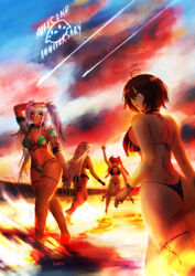  4girls absurdres alabama_(azur_lane) antenna_hair ass azur_lane baltimore_(azur_lane) bikini black_bikini black_choker body_markings breasts bremerton_(azur_lane) brown_hair choker dark-skinned_female dark_skin green_bikini hand_in_own_hair highres large_breasts long_hair looking_back massachusetts_(azur_lane) medium_breasts multiple_girls red_eyes red_hair rideth_mochi short_hair swimsuit thigh_strap twintails very_long_hair white_hair yellow_eyes 