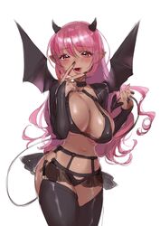  black_bra black_panties black_thighhighs bra breasts cunnilingus_gesture dark-skinned_female dark_skin demon_girl demon_horns demon_tail demon_wings female garter_belt highres horns looking_at_viewer naughty_face navel nozomi_no_hon open_mouth original panties pink_hair pointy_ears revealing_clothes see-through see-through_skirt simple_background skirt solo tail thighhighs underwear white_background wings 