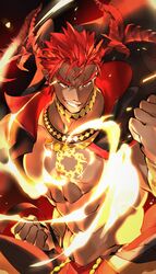  1boy abs absurdres bara bare_pectorals chest_tattoo dark-skinned_male dark_skin demon_boy demon_horns fire highres horns ifrit_(housamo) kaiko_003f large_pectorals male_focus muscular muscular_male navel nipples pectorals pointy_ears protected_link short_hair smirk solo spiked_hair stomach tattoo tokyo_afterschool_summoners upper_body wind 