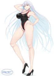  absurdres alternate_costume bare_arms bare_shoulders black_footwear black_one-piece_swimsuit breasts cleavage commentary_request competition_swimsuit female full_body hand_on_own_hip high_heels highleg highleg_swimsuit highres large_breasts legs long_hair mi_mi_ham one-piece_swimsuit red_eyes selvaria_bles senjou_no_valkyria_(series) senjou_no_valkyria_1 shoes simple_background solo swimsuit thighs twitter_username very_long_hair white_background white_hair 