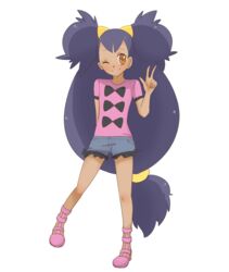  ;| blue_shorts bow_print cosplay dark-skinned_female dark_skin female frilled_shorts frills high_heels iris_(pokemon) long_hair low-tied_long_hair mikeko_(neko19920311) one_eye_closed pink_footwear pink_shirt pokemon pokemon_(anime) pokemon_bw_(anime) pokemon_xy_(anime) purple_hair shauna_(pokemon) shauna_(pokemon)_(cosplay) shirt shoes short_shorts shorts solo twintails very_long_hair yellow_eyes 