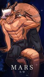  2022 abs anthro barefoot biceps biped blind_eye bottomwear brown_body brown_scales cargo_pants claws clothed clothing cosmic_background dragon fangs feet front_view hair hand_on_knee hand_on_leg horn leaning long_tail looking_at_viewer male mars_(solar_house) muscular muscular_anthro muscular_male nipples notched_wings pants partially_clothed pecs red_body red_eyes red_sclera scales scalie scar shaded shirtless signature sitting solar_house solo star teeth teeth_showing text topless vanadiumvalor white_hair wings 