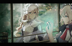  absurdres aged_down blonde_hair blue_eyes bow bowtie centaureissi_(neural_cloud) changpan_hutao female g36_(girls&#039;_frontline) girls&#039;_frontline girls&#039;_frontline_neural_cloud highres letterboxed long_hair maid maid_headdress necktie rain reflection short_hair touching tree water_drop window 