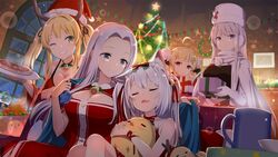  5girls :o ahoge alternate_costume animal_ears antenna_hair antlers azur_lane bell bird blanket blonde_hair blush bow box breasts chick choker christmas christmas_ornaments christmas_tree christmas_wreath cleavage closed_eyes cup dress earmuffs eldridge_(azur_lane) eldridge_(holy_night&#039;s_embrace)_(azur_lane) enterprise_(azur_lane) enterprise_(reindeer_master)_(azur_lane) food forehead gift gift_box gotyou green_eyes green_ribbons grey_hair grin hair_bell hair_intakes hair_ornament hairbow hammann_(azur_lane) hat holding holding_gift hornet_(azur_lane) horns large_breasts long_hair manjuu_(azur_lane) meat mug multiple_girls neck_bell oerba_yun_fang official_alternate_costume one_eye_closed open_mouth pennant purple_eyes red_bow red_choker red_dress red_eyes red_ribbon reindeer_antlers ribbon santa_hat scarf shared_blanket sidelocks sleeping smile snow_globe star_(symbol) star_hair_ornament twintails two_side_up very_long_hair wavy_mouth white_headwear white_scarf window wreath yorktown_(azur_lane) 