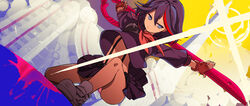  ass bare_legs black_hair black_skirt blue_eyes breasts building commentary_request dust dutch_angle female fingerless_gloves from_above frown gloves holding holding_weapon isozi kill_la_kill looking_away matoi_ryuuko midriff multicolored_hair on_one_knee orange_sky outstretched_arms paint panties photoshop_(medium) pleated_skirt red_gloves red_hair school_uniform scissor_blade_(kill_la_kill) senketsu serious shiny_skin shoes skirt sky solo sparkle streaked_hair striped_clothes striped_panties suspenders suspenders_under_shirt thighs underboob underwear v-shaped_eyebrows weapon white_footwear 