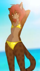  2023 absurd_res ambiguous_gender anthro bikini clothed clothing digital_media_(artwork) felid felin gold_bikini hair hi_res kawa kawaoneechan lens_flare looking_at_viewer mammal red_eyes red_hair smile solo swimwear tail 