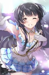  ;d armpits asymmetrical_shirt beyond_the_bluesky_(idolmaster) black_hair blurry bokeh breasts cleavage collarbone cowboy_shot depth_of_field detached_collar display_board female floating_hair foreshortening gloves grin hair_ribbon hand_on_own_chest highres idol idolmaster idolmaster_shiny_colors layered_skirt looking_at_viewer mayuzumi_fuyuko medium_breasts one_eye_closed open_mouth reaching reaching_towards_viewer ribbon skirt smile solo stage sweatdrop takeko_spla two_side_up white_gloves 