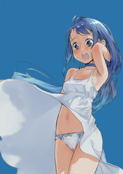  alternate_costume armpit_crease blue_background blue_choker blue_eyes blue_hair blush bow bow_panties branch_(blackrabbits) breasts choker clothes_lift collarbone commentary_request cowboy_shot dress dress_lift dress_shirt embarrassed female gradient_hair groin kantai_collection lace lace-trimmed_panties lace_trim long_hair multicolored_hair navel open_mouth panties ribbon_panties round_teeth samidare_(kancolle) shirt sleeveless sleeveless_dress small_breasts solo standing sweatdrop swept_bangs teeth underwear upper_teeth_only very_long_hair white_dress white_panties wind wind_lift 