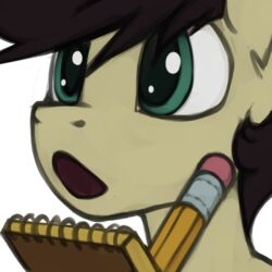  1:1 alpha_channel brown_hair equid equine feral friendship_is_magic green_eyes hair hasbro horse male mammal marsminer my_little_pony open_mouth pencil_(object) pone_keith pony reaction_image solo surprise tan_body 