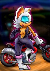  absurd_res anthro arby-works ass bat clothed clothing digital_media_(artwork) female fur hi_res huge_filesize latex latex_clothing latex_skinsuit looking_at_viewer looking_back mammal motorcycle rouge_the_bat rubber_clothing sega skinsuit smile smirk solo sonic_the_hedgehog_(series) thick_thighs tight_clothing topwear torn_clothing vehicle 