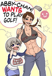  2girls 3: abby_(the_last_of_us) abs absurdres blue_eyes braid breasts english_commentary english_text golf_club grey_eyes grey_sports_bra highres holding koheiya2 laughing multiple_girls muscular muscular_female oerba_yun_fang open_fly panties pants panty_peek pantyhose short_hair speech_bubble sports_bra sugoi_dekai the_last_of_us_(series) the_last_of_us_2 underwear uzaki-chan_wa_asobitai! uzaki_hana white_hair 