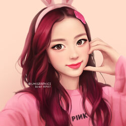  animal_ears artist_name blackpink brown_eyes fake_animal_ears female group_name hair_ornament hair_over_shoulder hand_on_own_cheek hand_on_own_face headband jisoo_(blackpink) k-pop logo long_hair pink_background pink_sweater rabbit_ears real_life red_hair simple_background smile solo sweater umigraphics wavy_hair 