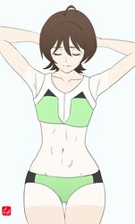  absurdres ahoge arms_behind_head ass_visible_through_thighs breasts brown_hair buruma chris_re5 closed_eyes closed_mouth commentary devilman devilman_crybaby female green_buruma green_sports_bra highres makimura_miki medium_breasts navel official_alternate_costume short_hair smile solo sports_bikini sports_bra standing tan tanlines toned 