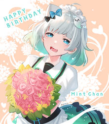  black_bow blue_bow blue_eyes bouquet bow character_name female flower ghost_hair_ornament gradient_hair green_hair green_skirt hair_behind_ear hairbow happy_birthday heart highres holding holding_bouquet indie_virtual_youtuber juliet_sleeves kgr leaf long_sleeves maid mint_fantome multicolored_hair open_mouth pink_flower puffy_sleeves skirt smile solo triangular_headpiece virtual_youtuber white_hair 