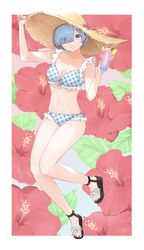  absurdres bikini blue_eyes blue_hair breasts commentary_request drink female flower frilled_bikini frills full_body hair_ornament hair_over_one_eye hair_ribbon hat hibiscus highres looking_at_viewer medium_breasts pink_ribbon re:zero_kara_hajimeru_isekai_seikatsu red_flower red_ribbon rem_(re:zero) ribbon short_hair side-tie_bikini_bottom solo straw_hat sun_hat swimsuit toeless_footwear usagiplanet7 x_hair_ornament 