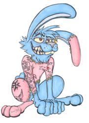  2019 3_fingers alpha_channel anthro biped blue_body blue_fur buckteeth damaged digital_drawing_(artwork) digital_media_(artwork) ear_piercing english_text fangs feet fingers front_view fur grin hare hi_res hodgepodge_(krolik) krolik lagomorph leporid long_ears male mammal markings pawpads paws piercing pink_body pink_fur portrait pose rabbit red_eyes russian russian_text scar sharp_teeth signature sitting smile solo tattoo teeth text toes undead zombie 