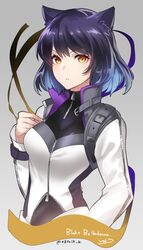  animal_ears artist_name black_hair blake_belladonna blue_hair bodysuit brown_eyes cat_ears character_name female gradient_background gradient_hair grey_background kgr multicolored_hair rwby short_hair solo v-shaped_eyebrows 