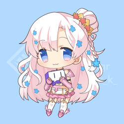  :3 blue_background blue_eyes blue_flower braid chibi commission crown dress english_commentary female flower hair_flower hair_ornament indie_virtual_youtuber kgr lowres lyrica_(vtuber) pink_hair purple_skirt skirt smile solo thighhighs twitch.tv virtual_youtuber white_dress 