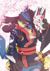  animal_mask anthro ao_gravity asian_clothing blue_body blue_fur cherry_blossom cherry_blossom_tree cherry_tree clothing east_asian_clothing fox_mask fruit_tree fur japanese_clothing katana kimono lucario mask melee_weapon nintendo plant pok&eacute;mon_(species) pokemon solo sword tree video_games weapon 