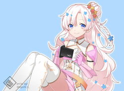  artist_name asmr binaural_microphone blue_background blue_flower braid cleavage_cutout clothing_cutout commission crown dress elbow_gloves english_commentary female fingerless_gloves flower gloves hair_bun holding holding_microphone indie_virtual_youtuber kgr long_hair lyrica_(vtuber) microphone pink_gloves pink_hair pink_skirt single_hair_bun sitting skirt smile solo thighhighs very_long_hair virtual_youtuber white_dress 