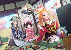  3girls animal_ears apron black_eyes black_hair blonde_hair blue_archive blue_eyes breasts cleavage cup cushion dog_ears dutch_angle food forehead green_hair halo hiyo_kiki japanese_clothes kimono large_breasts maid maid_headdress multiple_girls notice_lines official_art open_mouth pina_(blue_archive) pink_kimono plate shizuko_(blue_archive) smile speech_bubble teacup thighhighs umika_(blue_archive) wa_maid watching_television white_apron white_thighhighs 