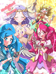  2boys 6+girls absurdres bare_shoulders bird blue_hair canine colored_pencil_(medium) cure_earth cure_fontaine cure_grace cure_sparkle ear_ribbon earrings feline fuurin_asumi hanadera_nodoka healin&#039;_good_precure healing_animal healing_wand highres hiramitsu_hinata jewelry kiriu-nagi latte_(precure) magical_girl multiple_boys multiple_girls nyatoran_(precure) pegitan_(precure) penguin precure purple_hair rabbit rabirin_(precure) sawaizumi_chiyu traditional_media 