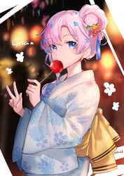  alternate_hairstyle artist_name blue_flower bow candy_apple character_name eating female flower food from_side hair_bun hair_flower hair_ornament highres holding holding_food indie_virtual_youtuber japanese_clothes kgr kimono looking_at_viewer lyrica_(vtuber) pink_flower pink_hair single_hair_bun solo star_(symbol) star_hair_ornament v virtual_youtuber yellow_bow yukata 