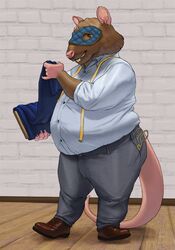  anthro belly brown_body brown_fur buckteeth chubby-shark claws clothed clothing fur holding_clothing holding_object male mammal mask murid murine overweight overweight_anthro overweight_male rat rodent scissors solo standing tailor tape_measure teeth 