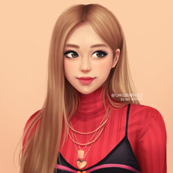  artist_name blackpink brown_eyes brown_hair female hair_behind_ear jewelry k-pop long_hair looking_to_the_side multiple_necklaces necklace orange_background pendant real_life red_sweater rose_(blackpink) simple_background solo sweater turtleneck turtleneck_sweater umigraphics upper_body 