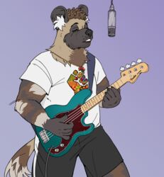  african_wild_dog anthro bass_guitar black_nose bottomwear canid canine canis closed_eyes clothed clothing darius_davis digital_media_(artwork) electronics entodonyx fist fur gold_(metal) gold_jewelry gold_necklace guitar hair hi_res jewelry male mammal microphone multicolored_body multicolored_fur musical_instrument necklace open_mouth playing_music plucked_string_instrument simple_background singing solo string_instrument topwear 