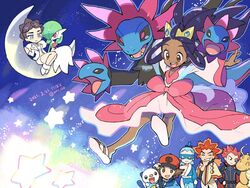  2girls 4boys :d alder_(pokemon) artist_name baseball_cap blue_hair blush_stickers boots brown_eyes brown_hair brycen_(pokemon) cape closed_eyes commentary_request dark-skinned_female dark_skin dated diantha_(pokemon) dragonite dress eye_mask eyelashes eyeshadow gardevoir hair_rings hand_on_own_chin hand_on_own_hip hat hilbert_(pokemon) hydreigon iris_(pokemon) jewelry lance_(pokemon) long_hair looking_down makeup multicolored_hair multiple_boys multiple_girls necklace nibo_(att_130) open_clothes open_mouth orange_hair oshawott outstretched_arms pokemon pokemon_(creature) pokemon_bw pokemon_bw2 pokemon_hgss pokemon_masters_ex pokemon_xy poncho red_hair sandals shooting_star short_hair sitting smile spiked_hair star_(symbol) stroking_own_chin teeth tiara tongue two-tone_hair white_footwear 