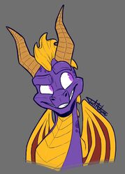  activision ambiguous_gender digital_media_(artwork) dragon grey_background horn justautumn membrane_(anatomy) membranous_wings mythological_creature mythological_scalie mythology no_pupils purple_body purple_eyes purple_skin scalie signature simple_background smile solo spyro spyro_the_dragon teeth wings yellow_horn yellow_wings 