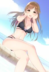  bare_shoulders bikini black_bikini blue_sky blush breasts brown_eyes brown_hair cleavage collarbone day female highres idolmaster idolmaster_cinderella_girls large_breasts legs long_hair looking_at_viewer natsuya_(natuya777) navel nitta_minami open_mouth sitting sky smile solo swept_bangs swimsuit 