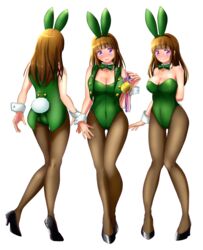  absurdres animal_ears arms_behind_back bad_id bad_pixiv_id bow bowtie breasts brown_eyes brown_legwear cleavage commentary_request detached_collar eyes_visible_through_hair fake_animal_ears female fujish full_body green_bow green_bowtie green_footwear green_leotard green_vest high_heels highres kinchan_and_katori_shingo_no_zen_nihon_kasou_taishou leotard long_hair looking_at_viewer medal medium_breasts multiple_views original pantyhose playboy_bunny purple_eyes rabbit_ears rabbit_tail simple_background standing strapless strapless_leotard tail thigh_gap vest white_background wrist_cuffs 