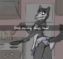  anthro apron ass black_body black_fur black_hair blue_clothing blue_panties blue_underwear bone bottomwear butt_pose canid canine canis clothed clothing clothing_lift cooking cookware crossdressing english_text femboy frying_pan fur hair inconvenient_tail inside kitchen kitchen_utensils lol_comments looking_at_viewer male maleo malo mammal panties panty_shot pattern_bottomwear pattern_clothing pattern_panties pattern_underwear pink_clothing pink_panties pink_underwear pose raised_bottomwear raised_clothing raised_skirt scp-1471 scp-1471-a scp_foundation skirt skirt_lift skull skull_head smile solo striped_bottomwear striped_clothing striped_panties striped_underwear stripes tail_under_skirt text tools underwear upskirt victordantes wolf 